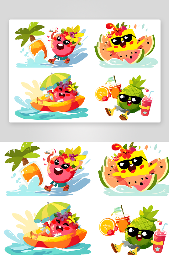 夏季西瓜柠檬卡通水果拟人插画-众图网