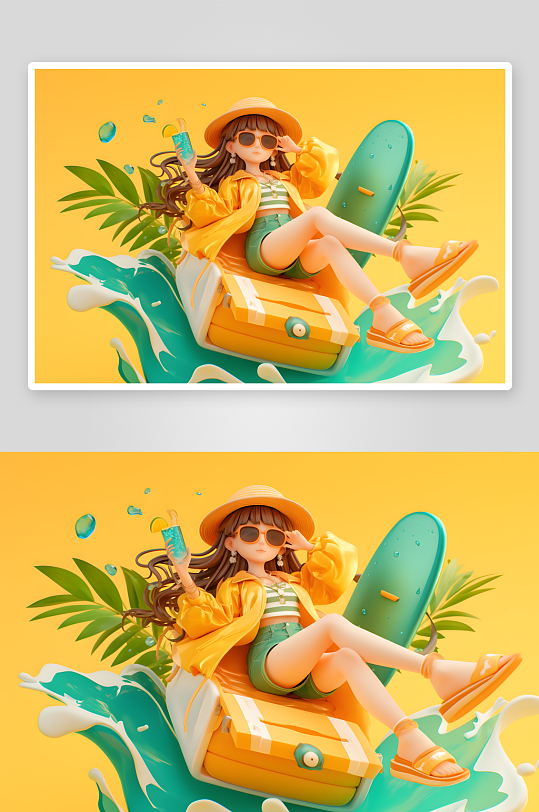 夏季大暑小暑夏至冲浪冲浪板3D立体游泳度假卡通人物模型插画