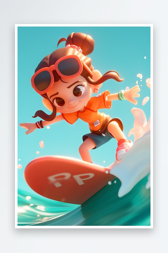 夏季大暑小暑夏至大海冲浪3D立体游泳度假卡通人物模型插画
