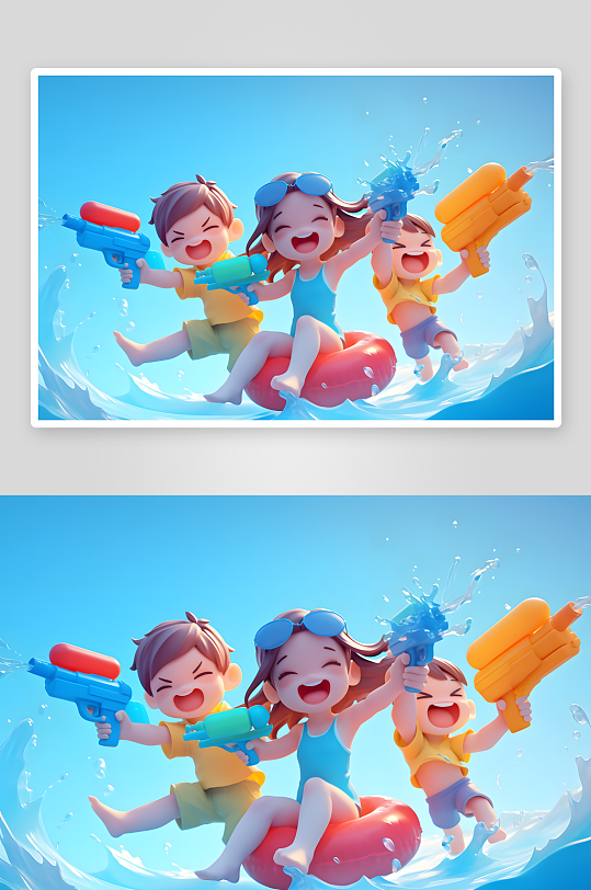 夏季大暑小暑夏至饮料水枪3D立体游泳度假卡通人物模型插画-众图网