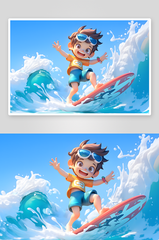 夏季海邊度假3D立體游泳度假卡通人物模型插畫