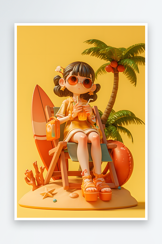 夏季大暑小暑夏至度假水枪3D立体游泳度假卡通人物模型插画-众图网