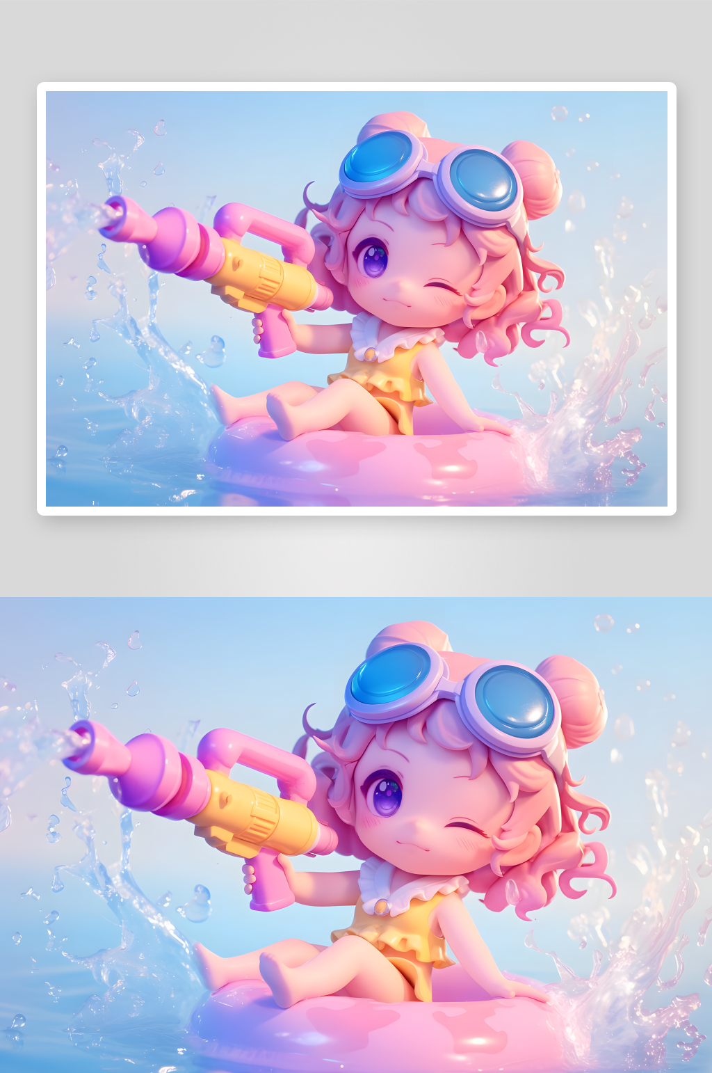 夏季出游旅游大暑小暑夏至游泳水枪3D立体游泳度假卡通人物模型插画素材