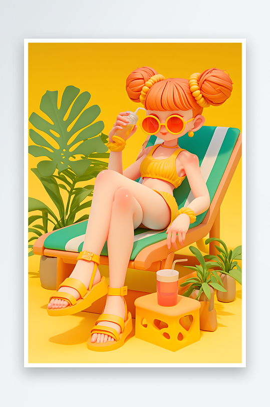 夏季大暑小暑夏至游泳游泳圈3D立体游泳度假卡通人物模型插画-众图网