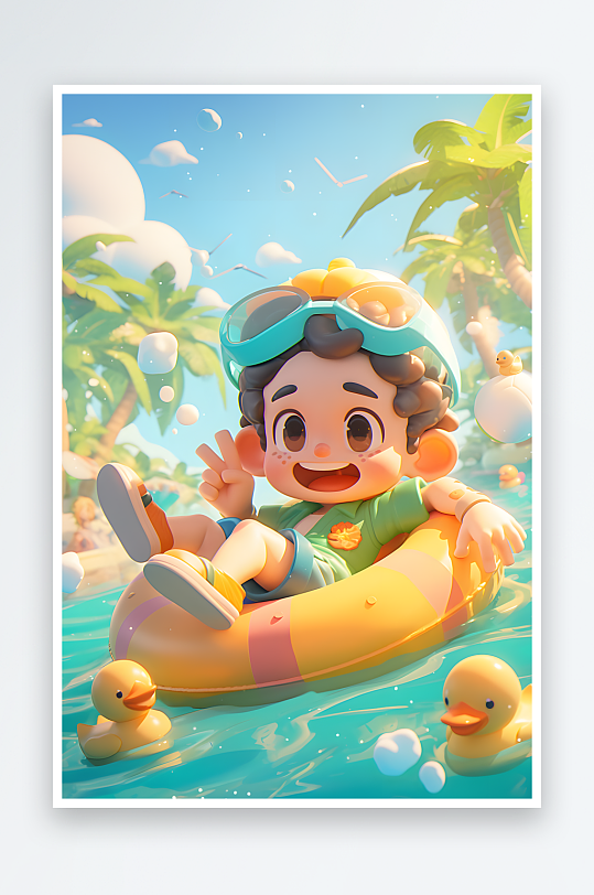 夏季大暑小暑夏至游泳游泳圈3D立体游泳度假卡通人物模型插画-众图网