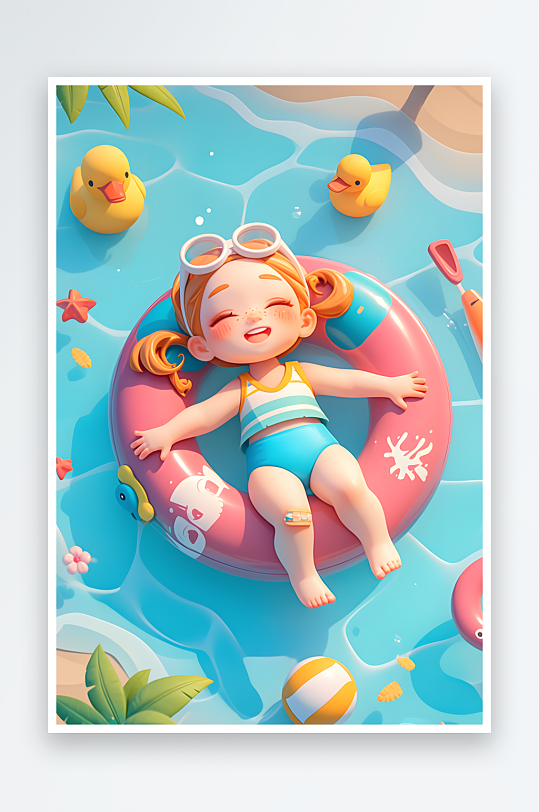 夏季游泳游泳圈3D立体游泳度假卡通人物模型插画-众图网