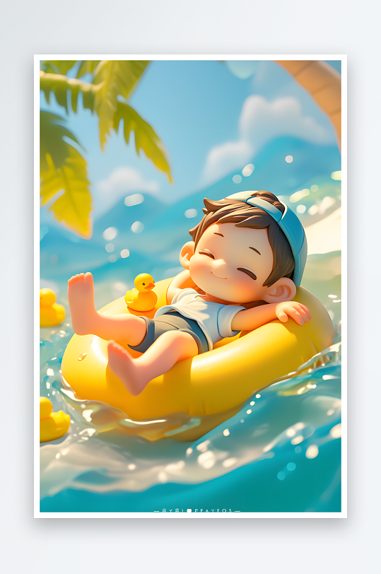 夏季大暑小暑夏至游泳游泳圈3D立体游泳度假卡通人物模型插画