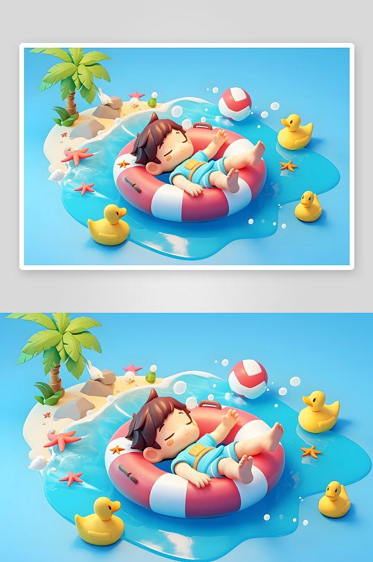 夏季大暑小暑夏至游泳游泳圈3D立体游泳度假卡通人物模型插画