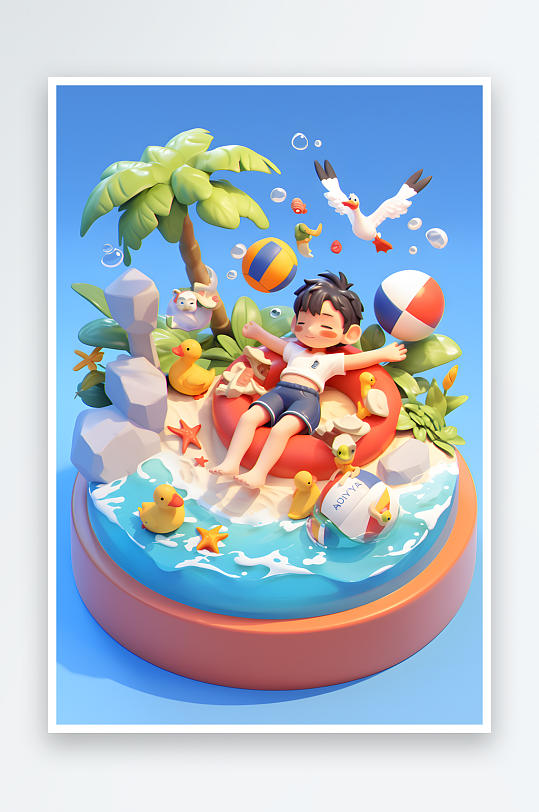 夏季大暑小暑夏至游泳游泳圈3D立体游泳度假卡通人物模型插画-众图网