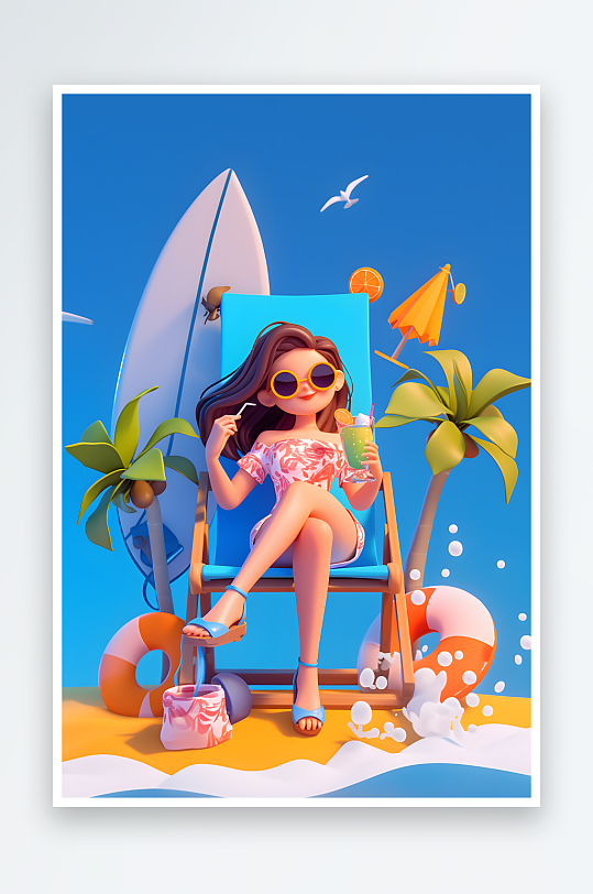 夏季大暑小暑夏至游泳游泳圈3D立体游泳度假卡通人物模型插画