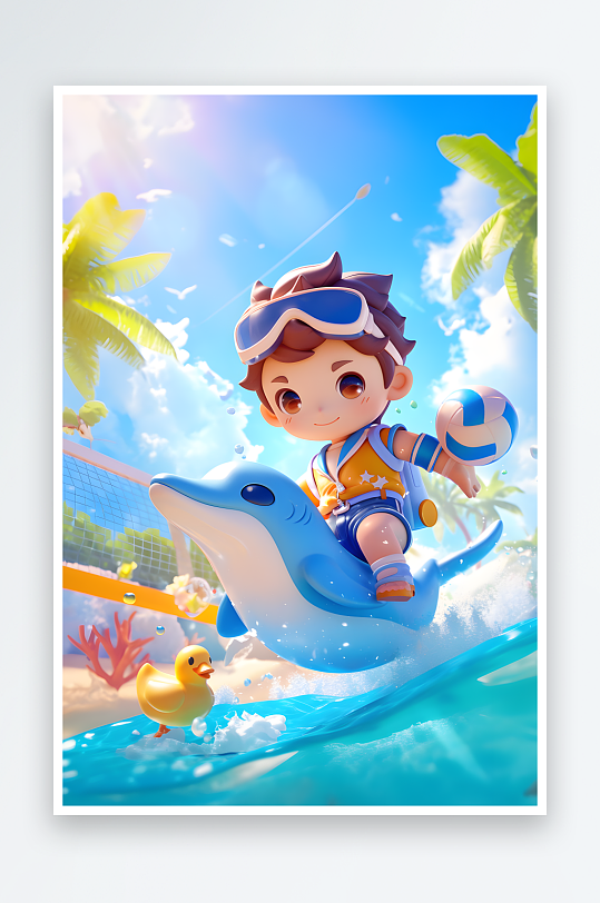 夏季大暑小暑夏至游泳海豚3D立体游泳度假卡通人物模型插画-众图网