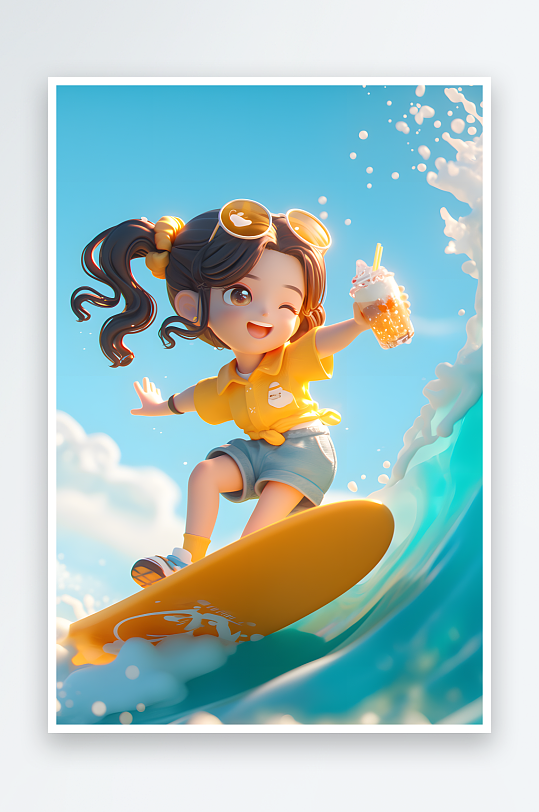 夏季大暑小暑夏至游泳海豚3D立体游泳度假卡通人物模型插画
