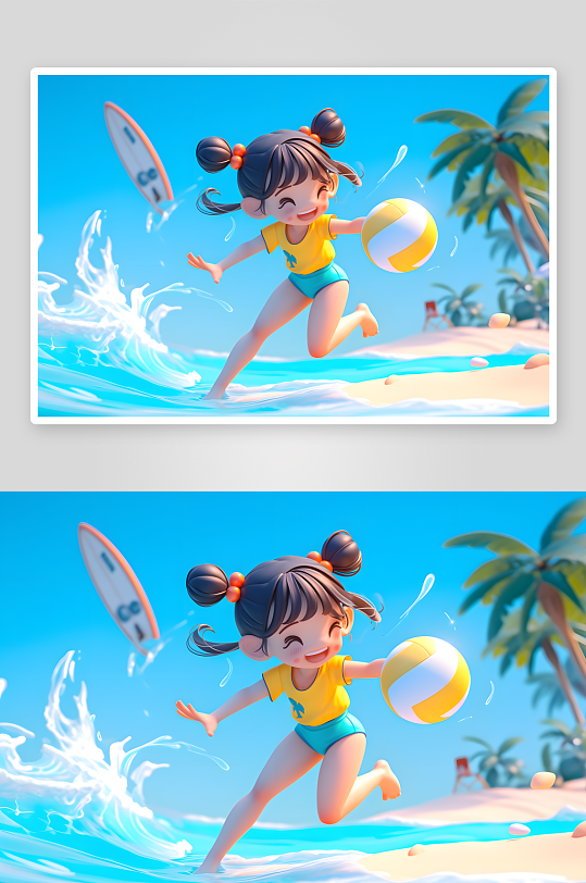 夏季大暑小暑夏至游泳排球3D立體游泳度假卡通人物模型插畫
