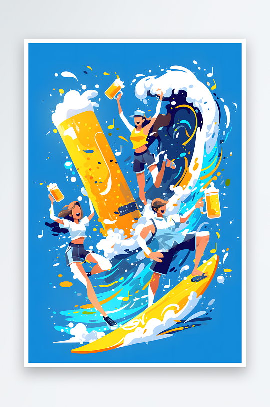 大海夏季大暑小暑夏至创意啤酒冲浪啤酒节卡通人物插画-众图网