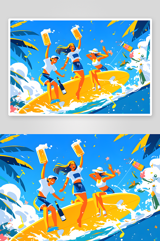 大海夏季大暑小暑夏至创意啤酒冲浪啤酒节卡通人物插画-众图网