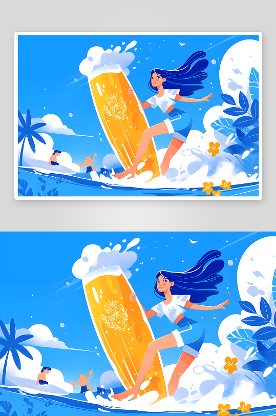 夏季大暑小暑夏至清凉海边创意啤酒冲浪啤酒节卡通人物插画-众图网