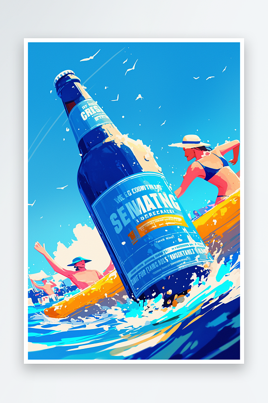 夏季大暑小暑夏至海边创意啤酒冲浪啤酒节卡通人物插画-众图网