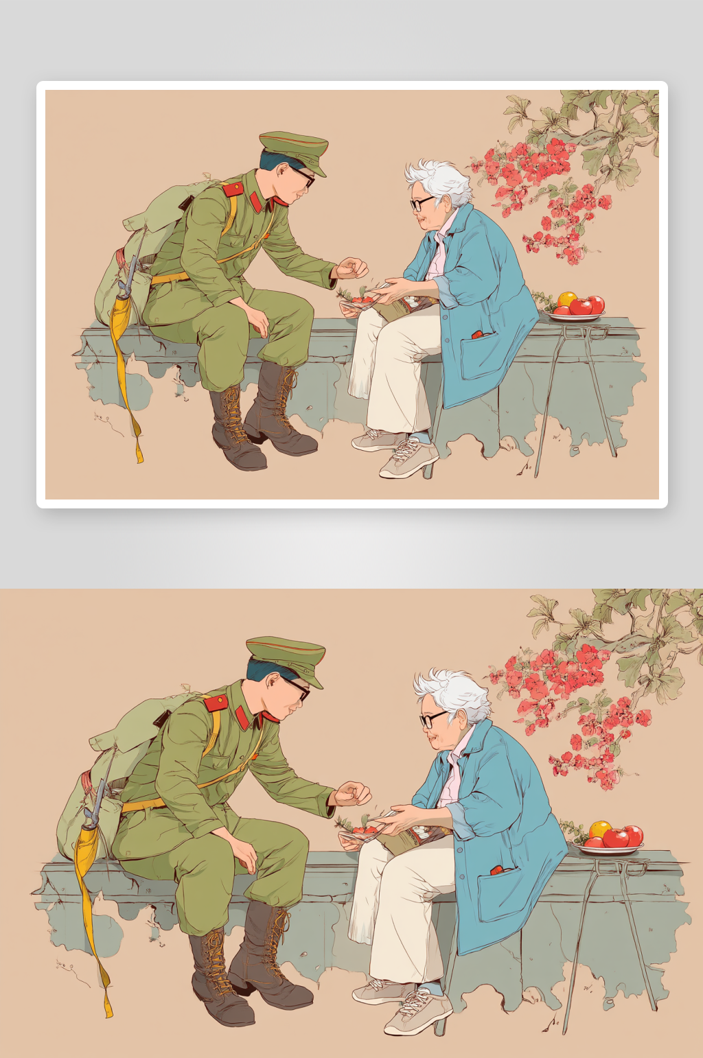 送水果军民一家亲警察军人插画素材