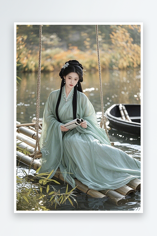 美女写真荷花清冷唯美汉服女生摄影图