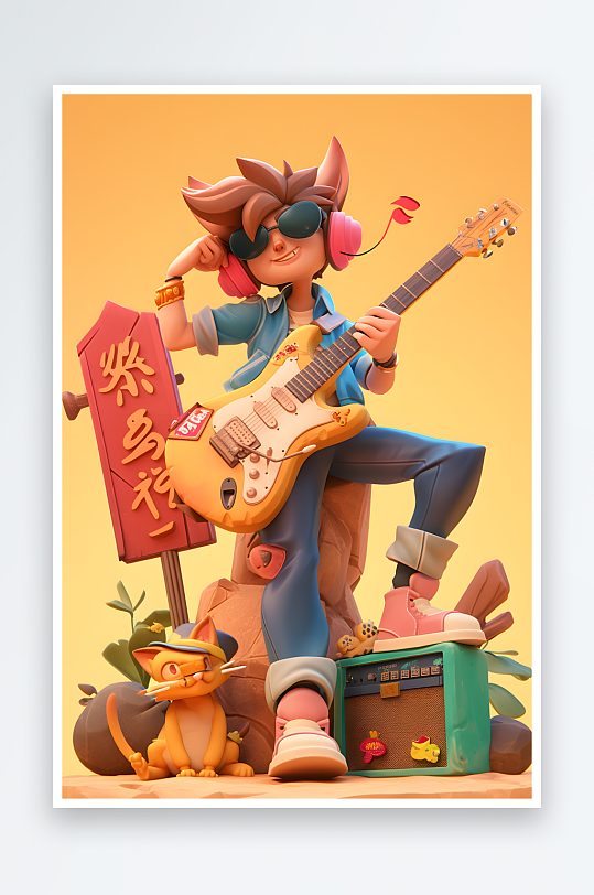 AI数字艺术3D摇滚乐队音乐节派对人物3D插画-众图网