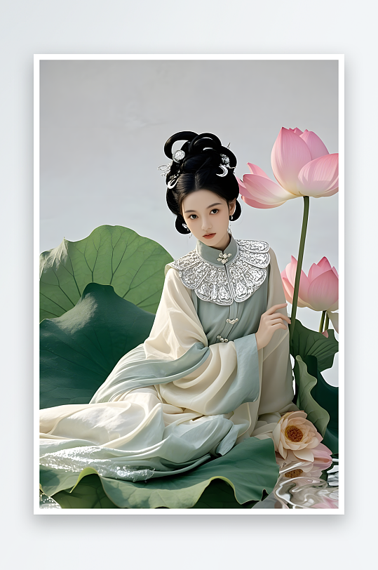夏季荷花日常汉服古装女生医美人物摄影图-众图网