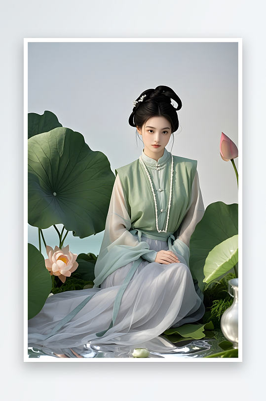 夏季美女荷花日常漢服古裝女生人物攝影圖