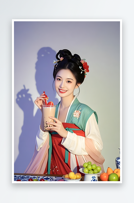 創(chuàng)意古代人喝奶茶熱梗休閑人物攝影圖