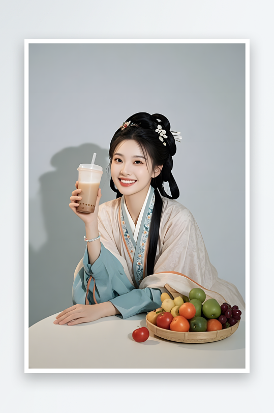 创意古代人喝奶茶热梗休闲人物摄影图-众图网