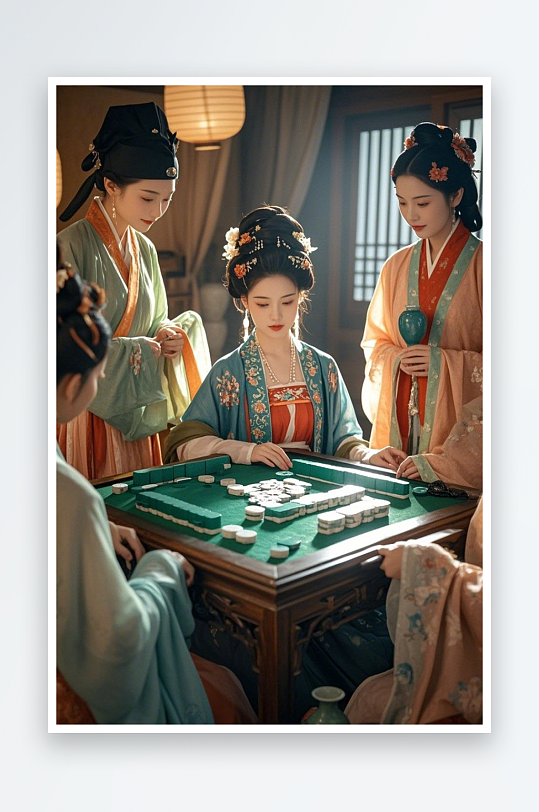 创意古代人打麻将汉服热梗休闲人物摄影图-众图网