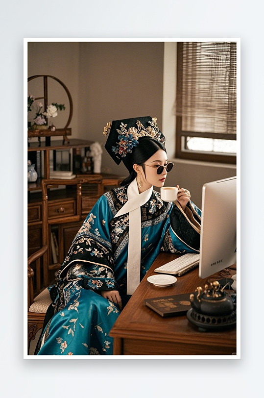 創(chuàng)意古代人上班奶茶熱梗休閑人物攝影圖