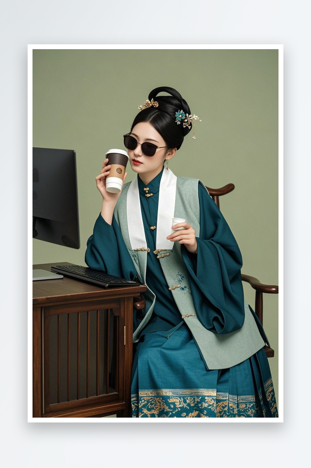創(chuàng)意古代人上班奶茶熱梗休閑人物攝影圖素材