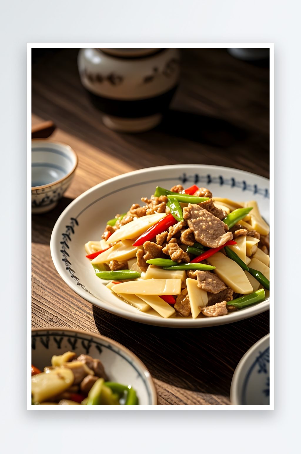 新鲜美食瘦肉炒笋春笋菜品高清摄影图素材
