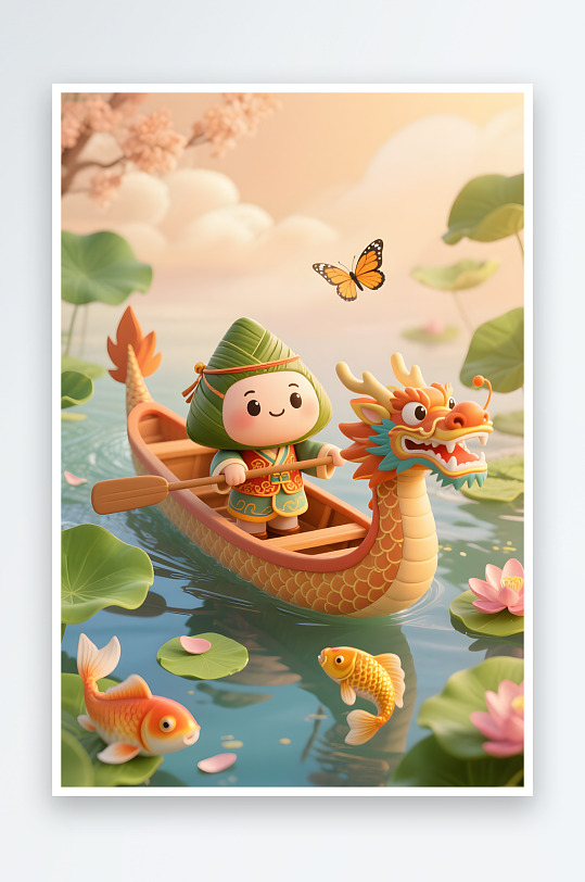 赛龙舟端午节儿童吃粽子模型插画-众图网