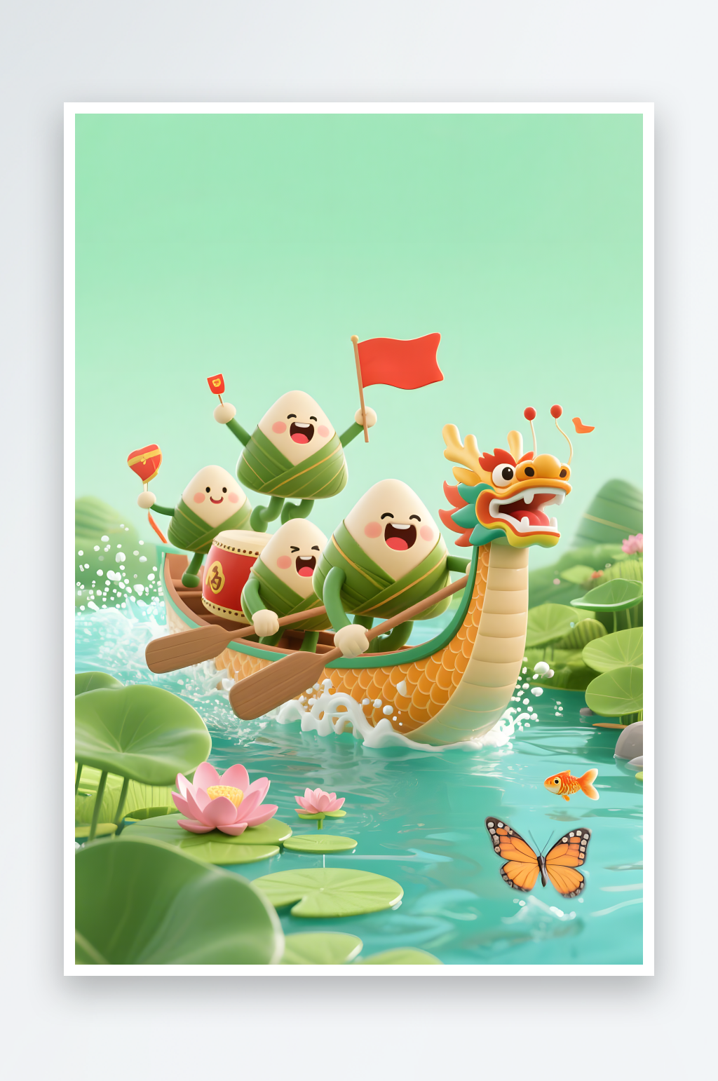 蒸可爱粽子端午节儿童吃粽子模型插画素材