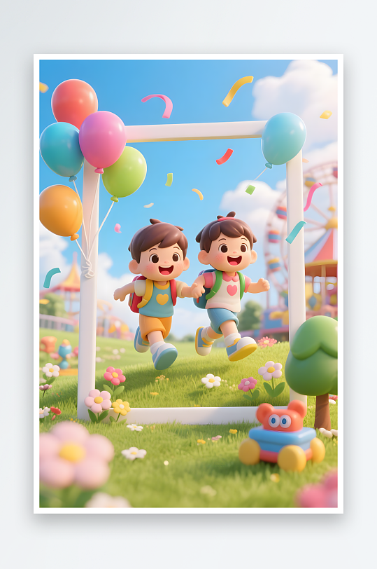 AI数字艺术六一儿童节小孩郊游相框模型插-众图网