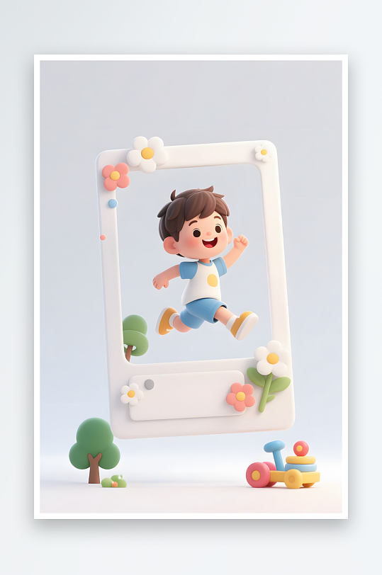 创意六一宝宝儿童节小孩郊游相框模型插画-众图网