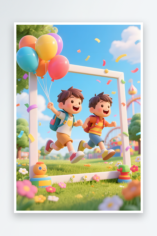 六一儿童节气球花朵小孩郊游相框模型插画-众图网