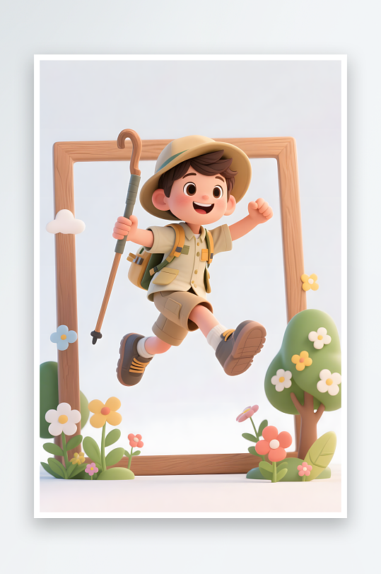 六一儿童节春游露小孩郊游相框模型插画-众图网