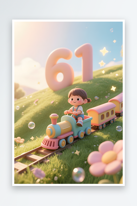 AI数字艺术六一儿童节61立体模型插画-众图网