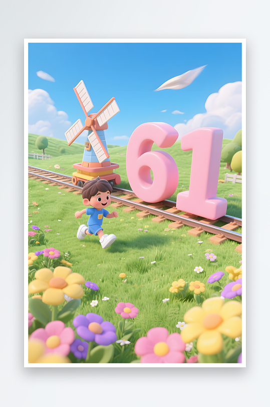 小火车春游六一儿童节61立体模型插画-众图网