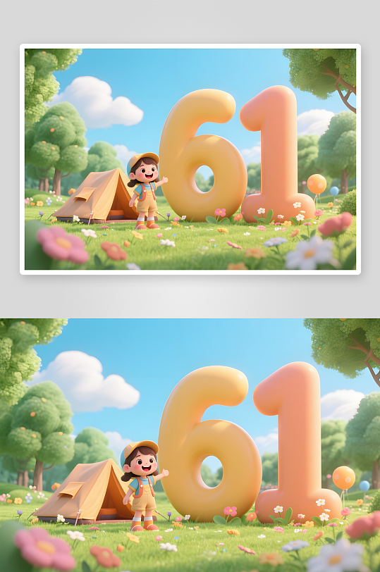 可爱卡通春游六一儿童节61立体模型插画-众图网