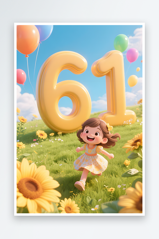 向日葵鲜花六一儿童节61立体模型插画-众图网