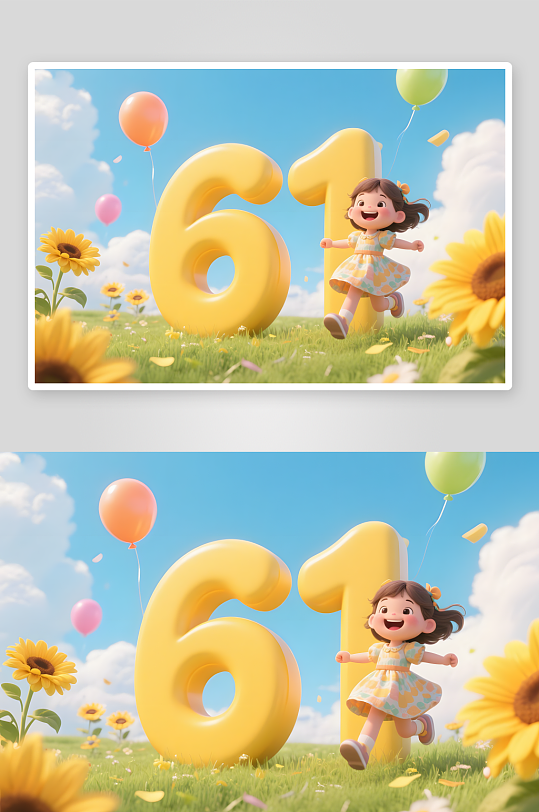 向日葵鲜花六一儿童节61立体模型插画-众图网