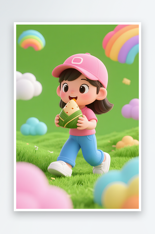 AI数字艺术端午节儿童吃粽子模型插画-众图网