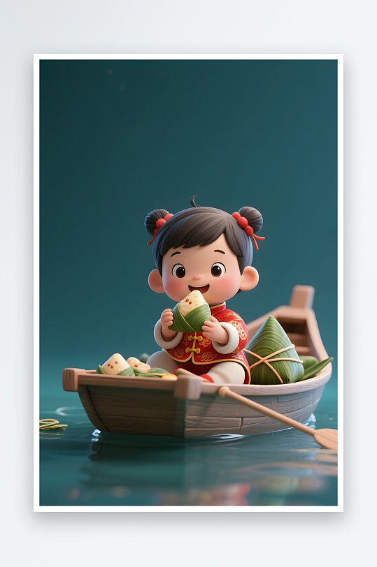 传统节日端午节儿童吃粽子模型插画-众图网