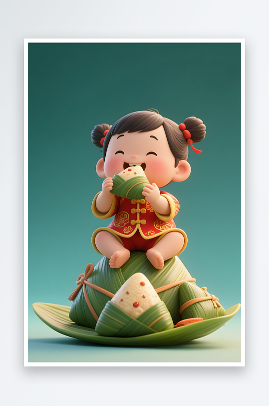 传统节日端午节儿童吃粽子模型插画-众图网