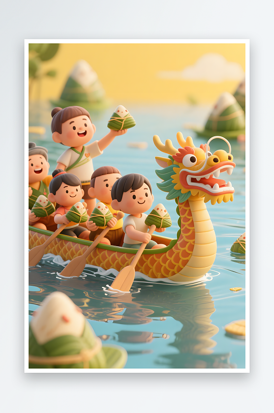 吃粽子端午节儿童吃粽子模型插画-众图网