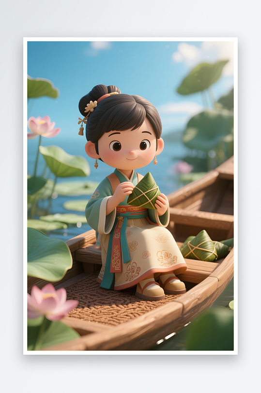 吃粽子端午节儿童吃粽子模型插画-众图网