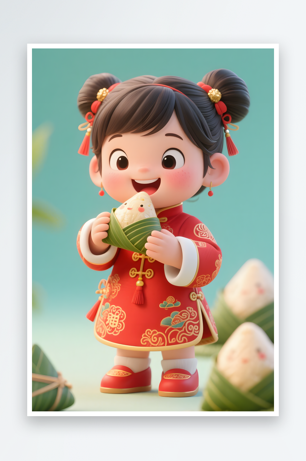 吃粽子傳統(tǒng)端午節(jié)兒童吃粽子模型插畫(huà)素材