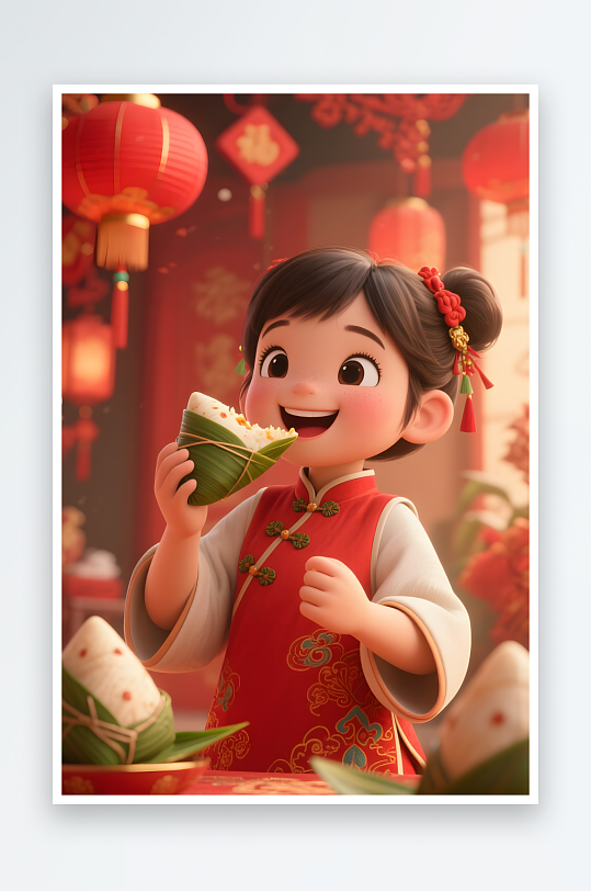吃粽子传统端午节儿童吃粽子模型插画-众图网